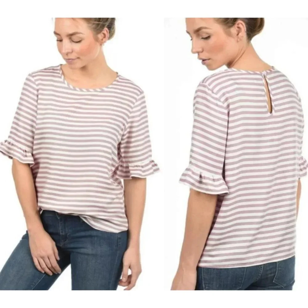 Jacqueline de yong Maja Pink and White Striped Ruffle Sleeve Top 29636